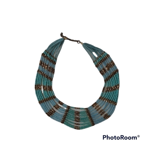 None Jewelry - Nine Strand Beaded Necklace Blue/Green/Bronze with 2' Extension